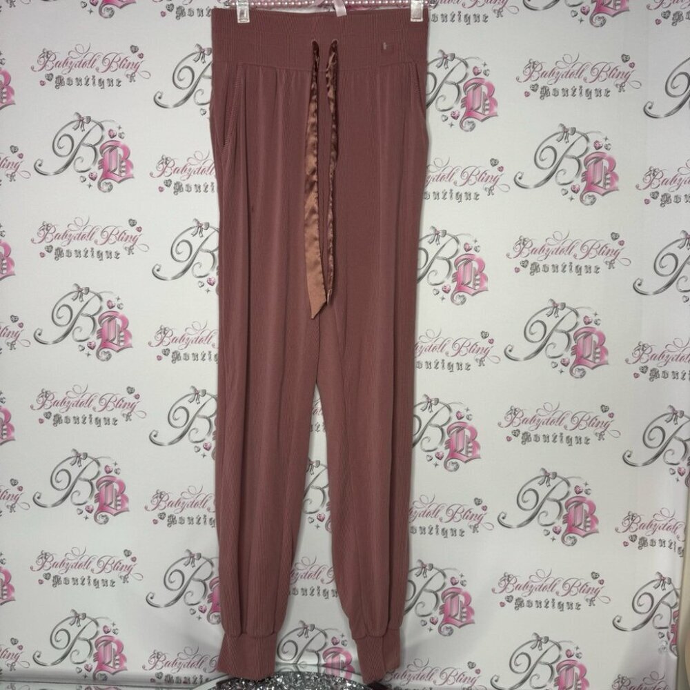 Victoria secret jogger pants stretchy ribbed waist tie up ribbon brown pink luxe